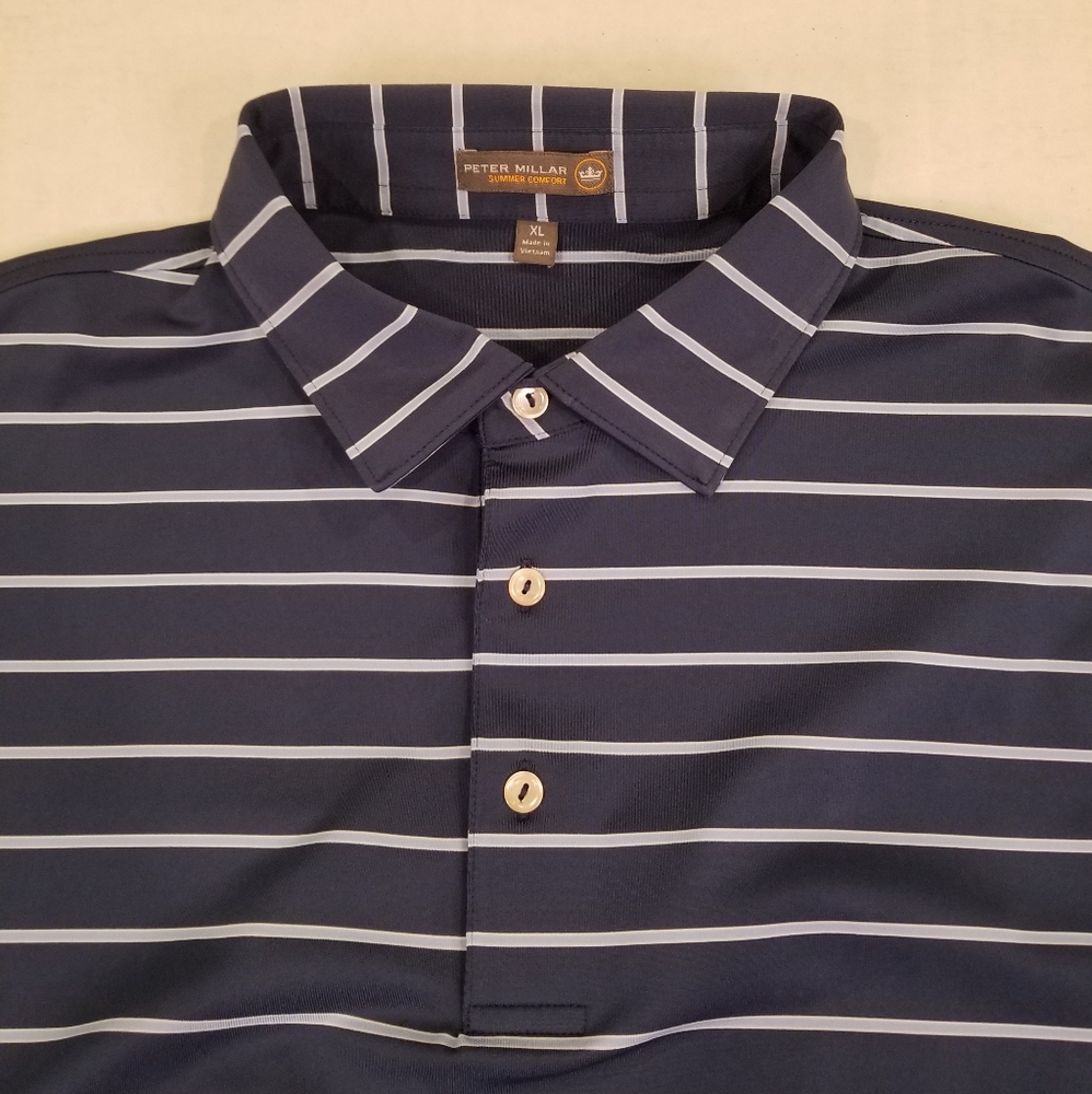 Peter Millar Polo Summer Comfort XL Men's Golf Shirt Blue Stripe Wicking Stretch